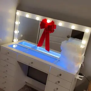 【2 Packages Shipped】VOWNER Vanity Desk with Mirror and Lights 51" Makeup Vanity with Glass Top & Power Outlet White Vanity with 15 Drawers 13 Light Bulbs with 3 LED Lighting Modes Adjustable for Bedroom