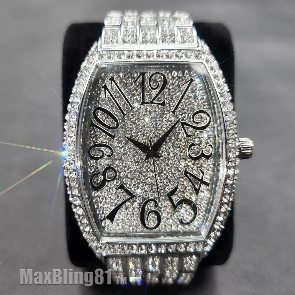 MaxBling81 Men's Luxury Iced Irregular Shaped Full Simulated Diamond Quartz Analog Wristwatch - Metal Alloy Band, Waterproof, Masculine All-Metal Diamond-Embellished Fashion Watch for Clubbing, Dress Occasions, All-Metal Quartz Watches, Diamond-Embellishe