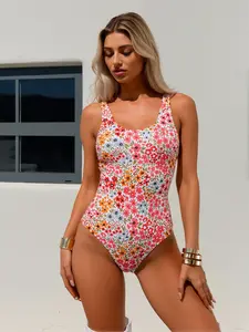 2026 Summer Floral Print Round Neck One-piece Swimsuit, Tummy Control Full Coverage Conservative One-piece Swimsuit, Slim Fit Fashion Floral One-piece Swimsuit, Suitable for Pool Parties and Beach Vacations