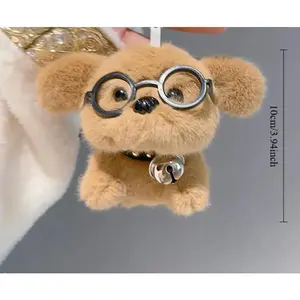 2 Cute Plush Puppy Keychain Toys (with Glasses) - Crafted from durable plush material, these keychains boast a huggable soft texture. They feature a charming beige body paired with fluffy white ears, plus expressive eyes and black-and-white paws that add