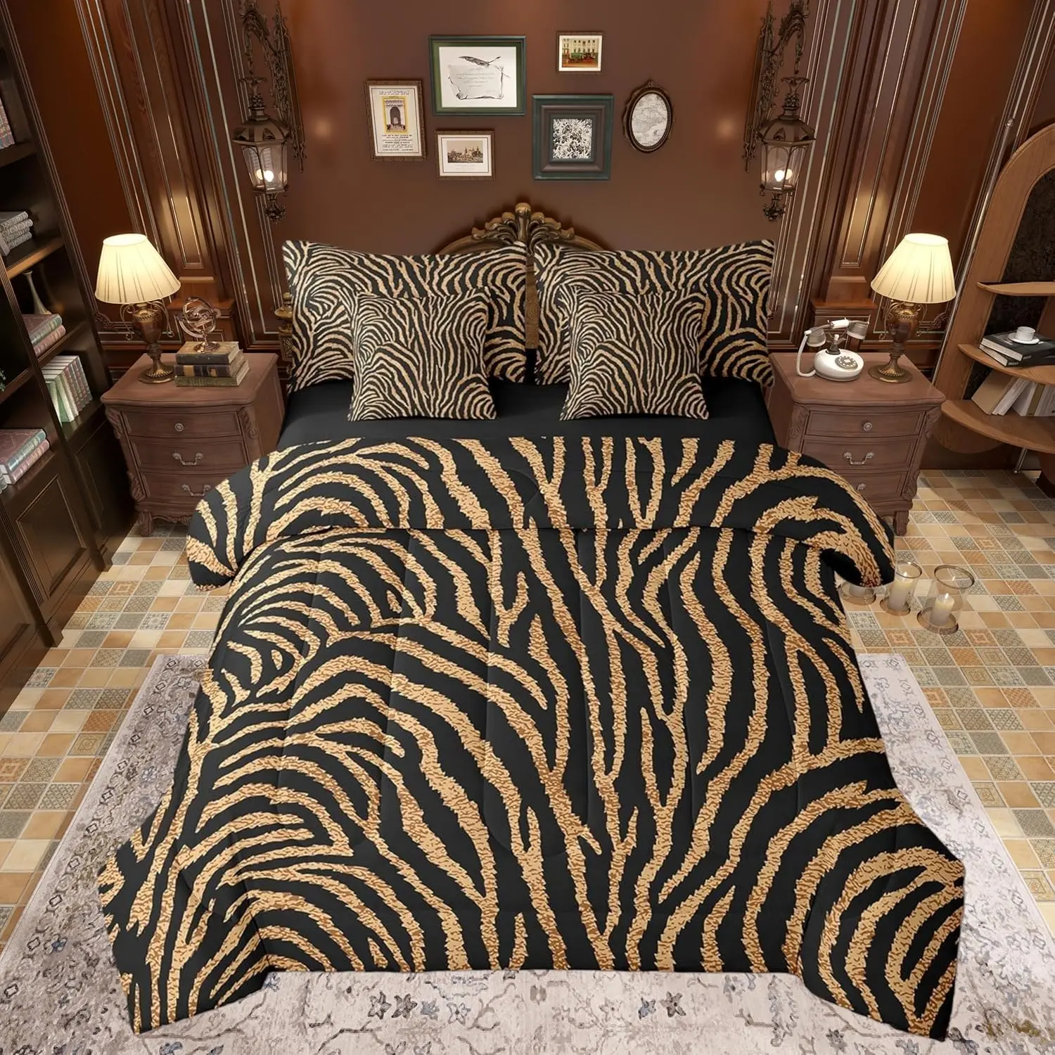 Zebra Print Comforter Sets 7 Pcs,Zebra Stripe Brown Black Bedding Set,Wild Animal Skin Duvet Set with Comforter,Flat Sheet,Fitted Sheet,Pillowcases and Pillow Covers,Reversible