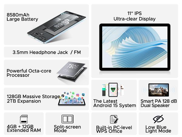 U11 11" Tablet, Android 15, Gemini AI, 16GB+128GB/2TB, 8580mAh, 5G WiFi, Widevine L1, 13MP Camera, GPS, OTG