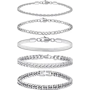 5 count Chain Bracelet for Men - Stainless Steel Figaro Rope Cuban Link Set 7.5/8.3/9 Inches Mens  Bracelet- Gifts for Dad, Husband, Boyfriend