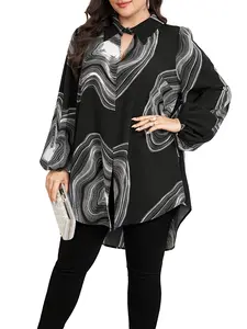 Women's Plus Size Spring Summer New Turn-Down Collar Long Sleeve Loose Fit Printed Shirt Blouse, Womenswear Casual Round Hem Top for Women