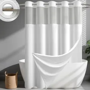 White Hook Free Shower Curtain & Snap in Fabric Liner with Magnets, Waffle Weave Shower Curtains for Bathroom, Mesh Top Window, Less Time 3 in 1 Shower Curtain and Liner Set, 72" W x 75" L