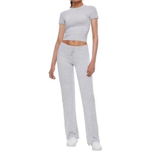 AnotherChill Women's 2 Piece Lounge Sets Straight Leg Pants Set Short Sleeve Crop T-shirt Casual Outfits Comfy Loungewear