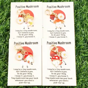 Set of 4 Inspirational Mushroom Cards with Daisy Keychains, Cute Bag Charms, Fashionable Alloy Keychain for Thanksgiving Halloween Christmas Birthday Gifts