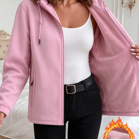 Women Polar Fleece Jacket with Detachable Hood, Full Zip Up Fleece Lined Winter Coat, Removable Drawstring Hood Long Sleeve Warm Outerwear with Zipper Pockets for Fall Winter Daily Casual Wear