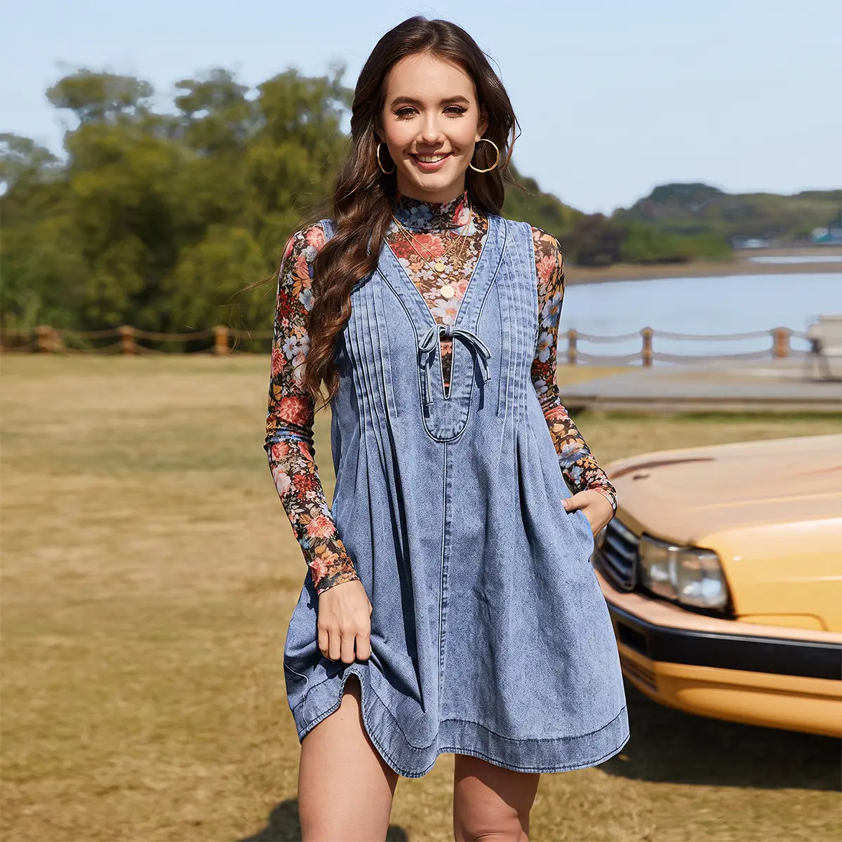 Chicovar Women's Oversized Vintage Denim Mini Dress ,Sleeveless V-Neck Tie Front Ruffle Layered A-Line Tunic with Pockets & Front Pleats, Casual Outfit,Fashion, Summervibes