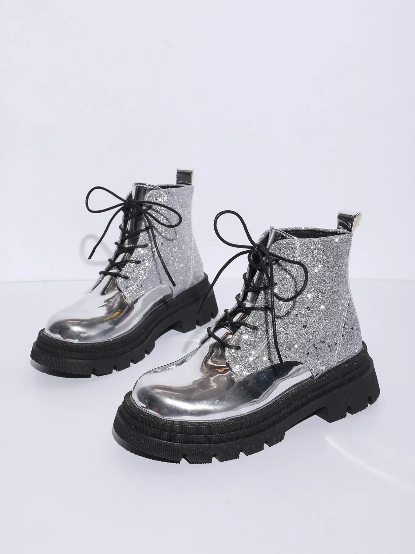 New Fashion Versatile Women Glossy Leather Sequin Short Boots, Laces Thick Sole Design, High Glow Atmosphere Mid-Calf Boots