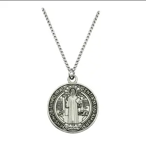 Christian Saint Benedict Cross Pendant Necklace Unisex Religious Jewelry Latin Cross Benedictine Abbey Design Durable Zinc Alloy Chain for Men Women Gift