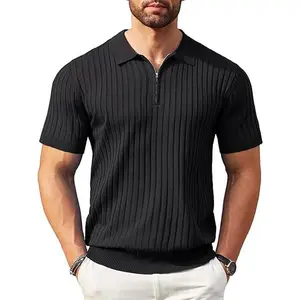 New York Fashion Week Men's Zipper Polo Shirts Short Sleeve Ribbed Knit Polo T Shirts Fashion Casual Golf Shirts Fabric Menswear Classic