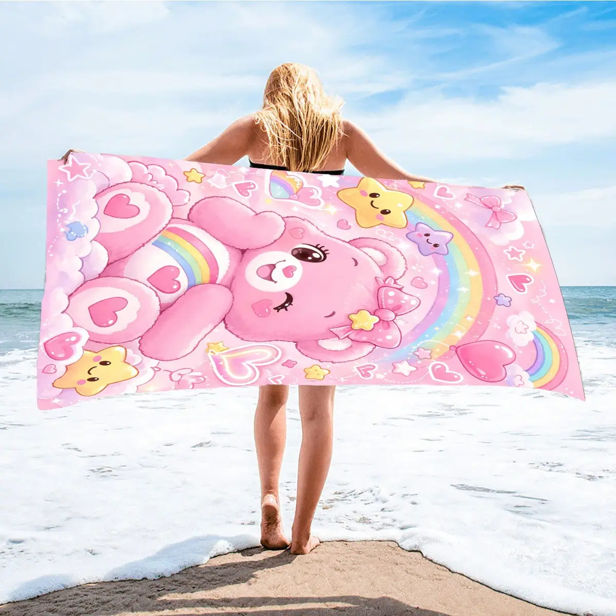 Comfortable Quick-Dry Beach Towel, Bear Star Rainbow Cloud Pattern, Digital Print, Ideal for Beach Pool Living Room Camping Gift