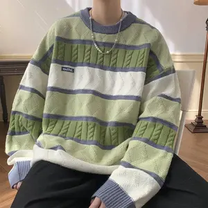 Japanese-Style Vintage Color-Block Cable-Knit Striped Crewneck Sweater for Men and Women, Warm Winter Preppy Thickened Knit