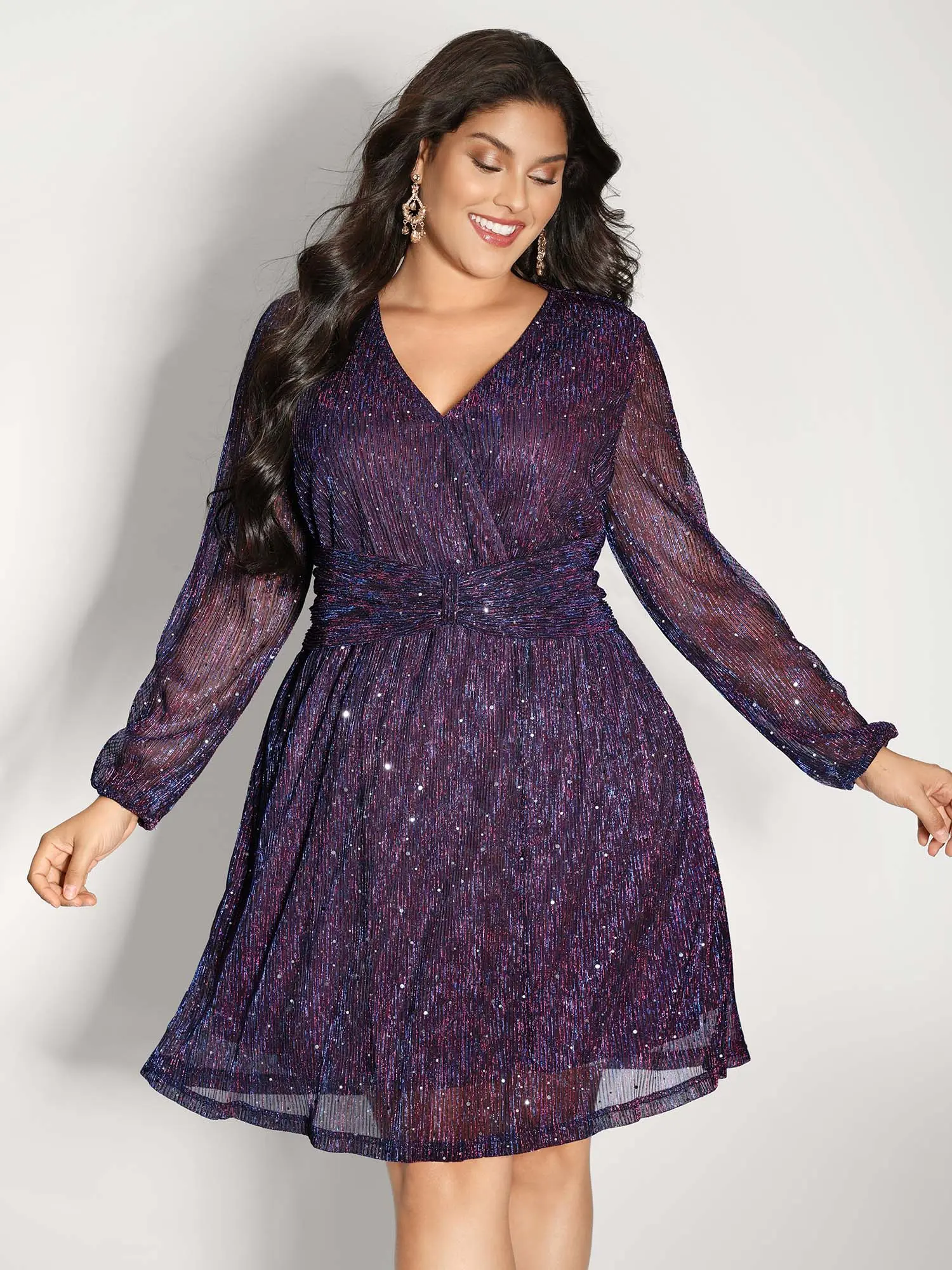 BloomChic Women's Shimmery V-Neck Bohemian Dress - Long Lantern Sleeve Party Dress with Pleated Waist and Side Pockets, Bohemian Casual Dress