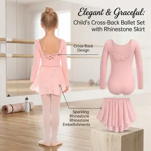 Girls Ballet Leotard Dance Dress Outfit - Toddler Long Sleeve Crisscross Back with Removable Shiny Skirt Combo Perfect for Ballet Class Recital Performance Dancewear Costume Comfortable Stretchy Fabric Kids Clothing