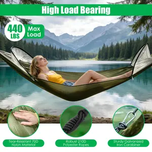 1Pc  Camping Hammock With Mosquito Net Portable Hammock Tent With Built In Mosquito Net Dual Way Zippers 440lbs Capacity Attached Storage Pocket For Outdoor Travel Camping Hiking Backpacking