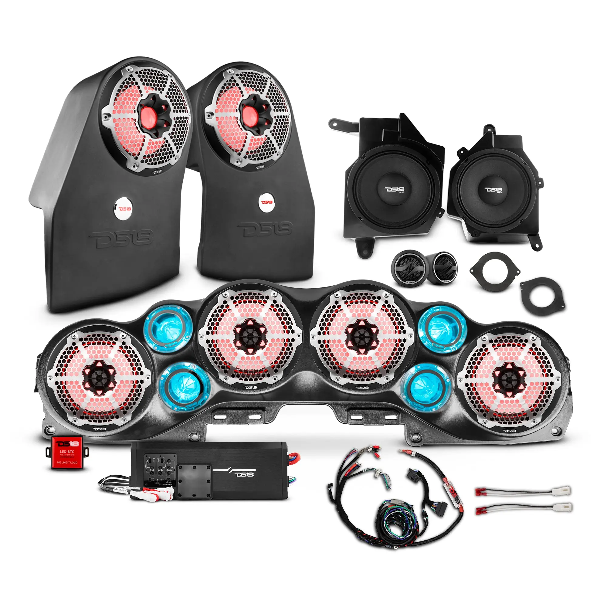 DS18 Off-Road Car Audio Package Set for Jeep JL Wrangler 2018-2023 - Plug-&-Play Complete Stereo Upgrade with Loaded Sound Bar, Dash Enclosures, Car Audio Subwoofer & Amplifier
