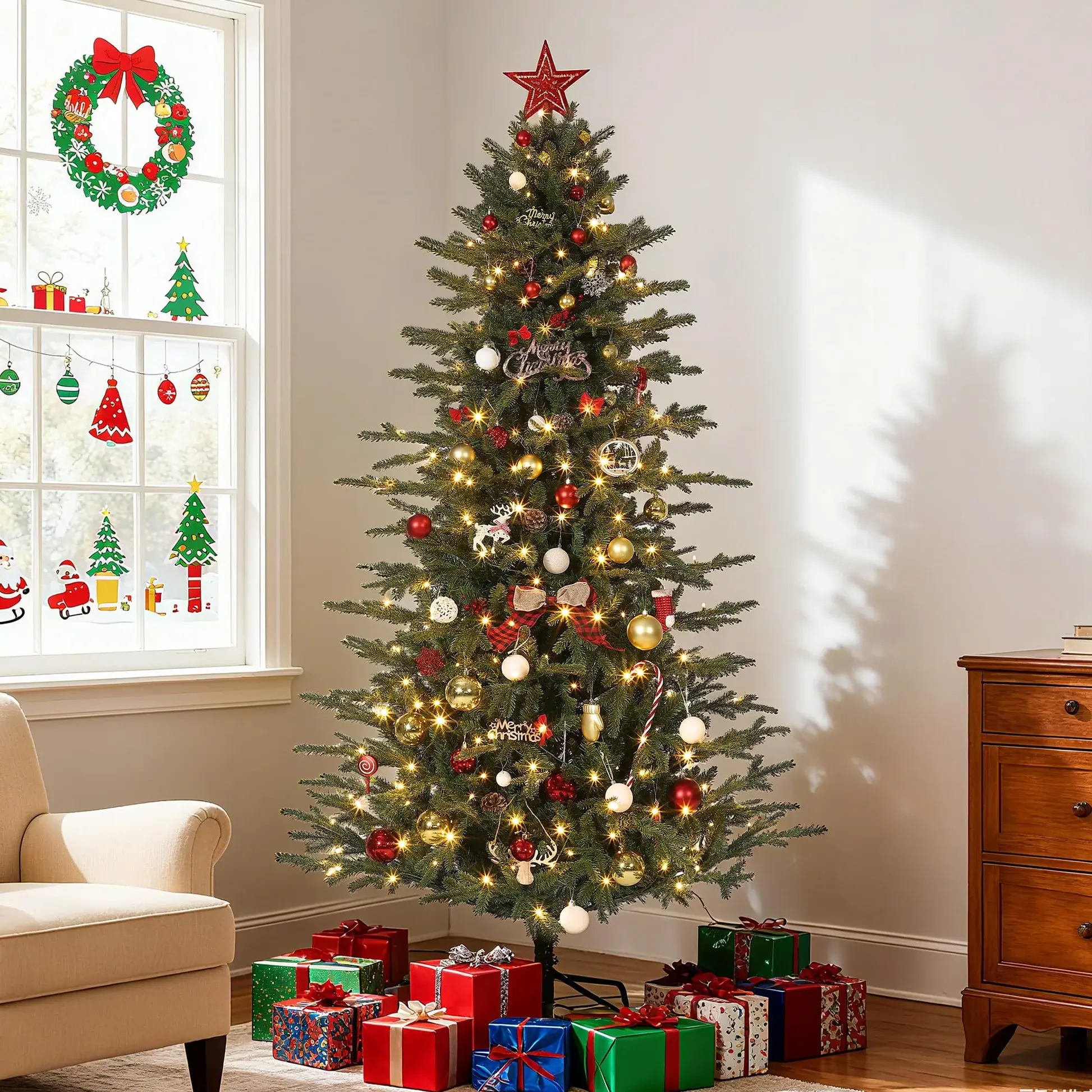 【GARVEE】Premium Artificial Christmas Trees available in 6ft, 7ft, and 7.5ft sizes featuring a hinged design, warm white and colorful lights with 8 adjustable modes, skinny elegant style, easy assembly, and metal base.