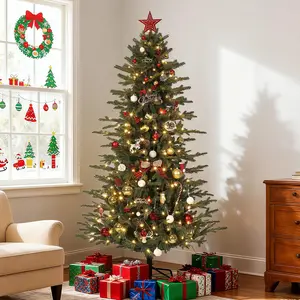 【GARVEE】Premium Artificial Christmas Trees available in 6ft, 7ft, and 7.5ft sizes featuring a hinged design, warm white and colorful lights with 8 adjustable modes, skinny elegant style, easy assembly, and metal base.