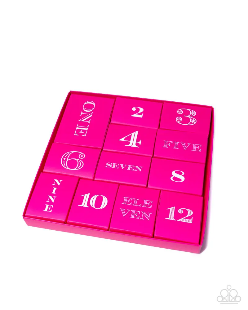 Paparazzi Pink Advent Calendar with Rhodium Plated Necklace & 11 Detachable Charms for Versatile Styling Options