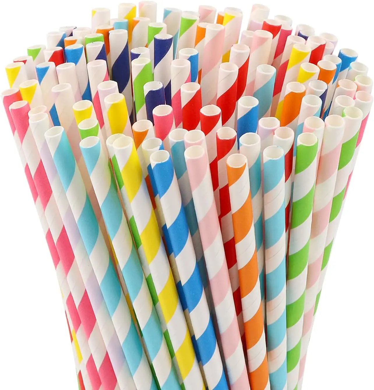 100 Pcs Biodegradable Paper Straws, Assorted Rainbow Colors Striped, for Drinks, Parties, Crafts