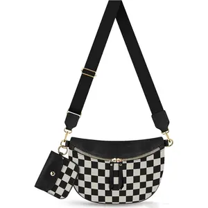 Checkered Crossbody Bag Bum Bags for Women Crossbody PU Leather Checkered Wallet Belt Bag Crossbody Handbags, Black Checkered