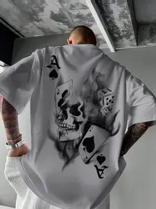 Men's Skull Playing Card Graphic Print Casual Classic Streetwear Round Neck Short Sleeve T-Shirt, Summer Outdoor Sports Fitted Tee, Animal Print Design