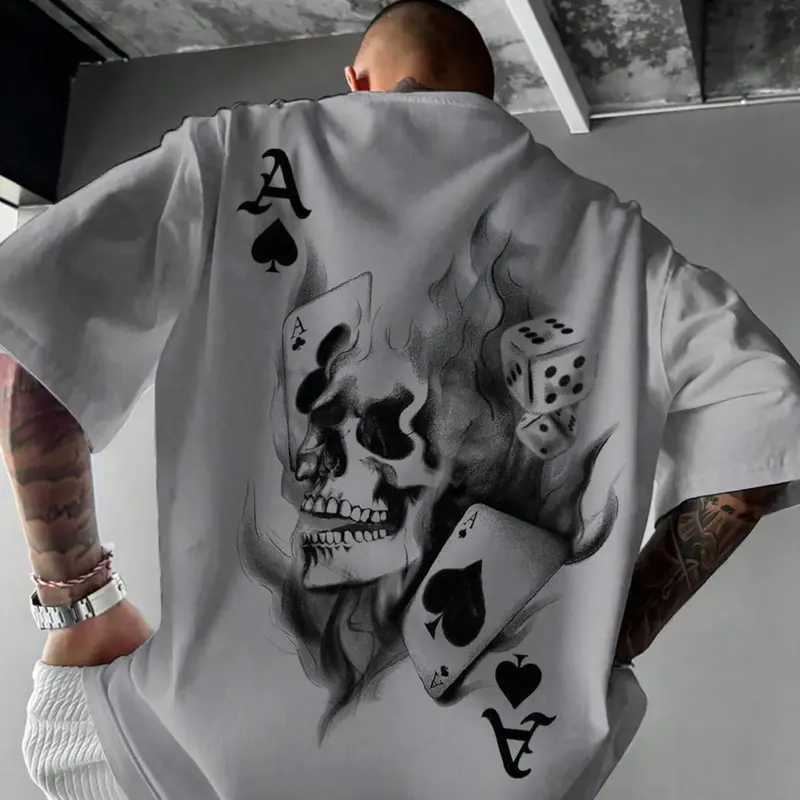 Men's Casual Classic Skull Playing Card Graphic Print Round Neck Short Sleeve T-Shirt, Summer Outdoor Sports Fitted Streetwear Tops, Menswear