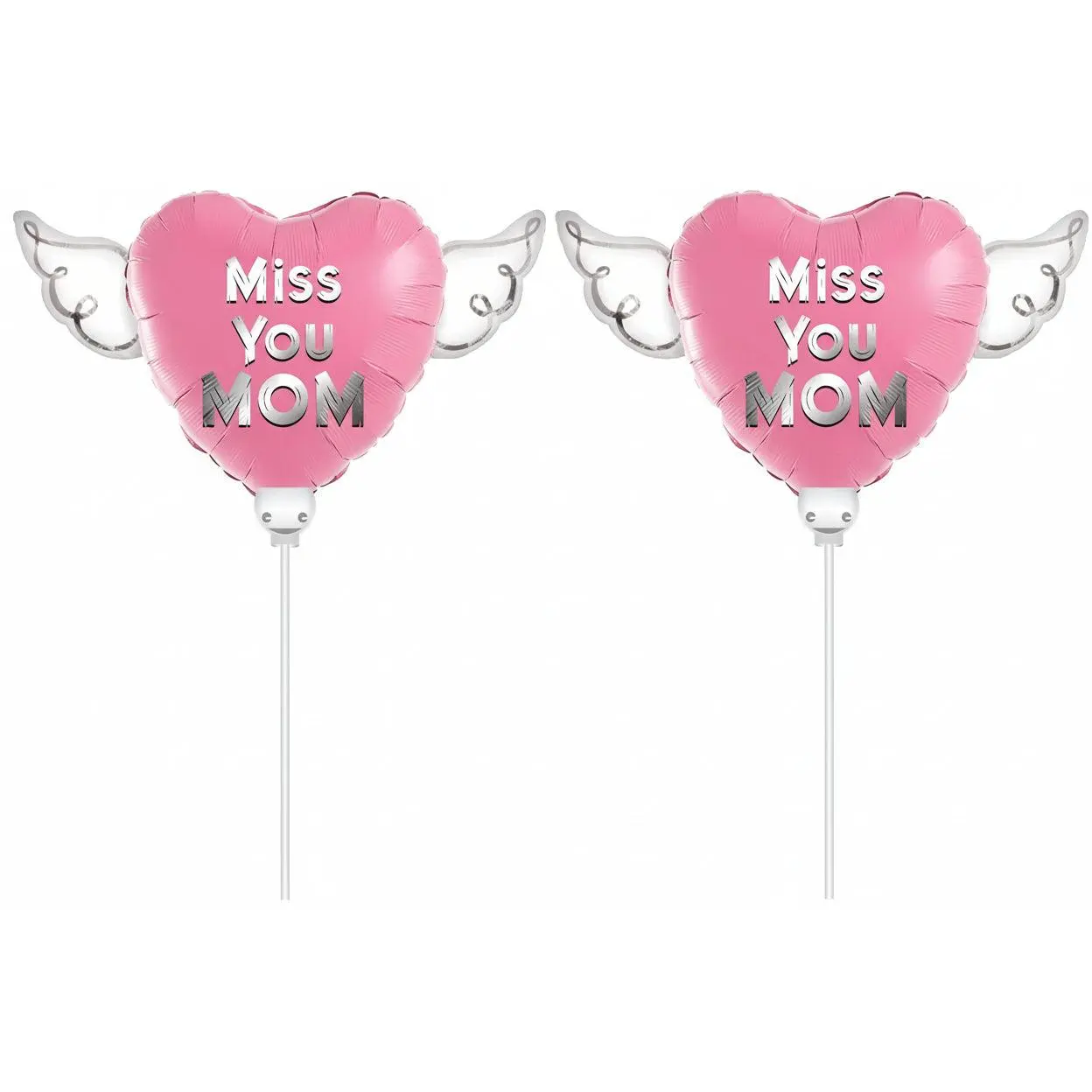 Miss You Mom Memorial Balloon on a Stick 8" – Pink Heart with Angel Wings | 2-Pack Graveside
