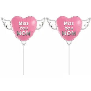 Miss You Mom Memorial Balloon on a Stick – 8" Heart Shaped with Angel Wings Graveside Tribute – 2 Balloons, 2 Sticks & 2 Clips Included