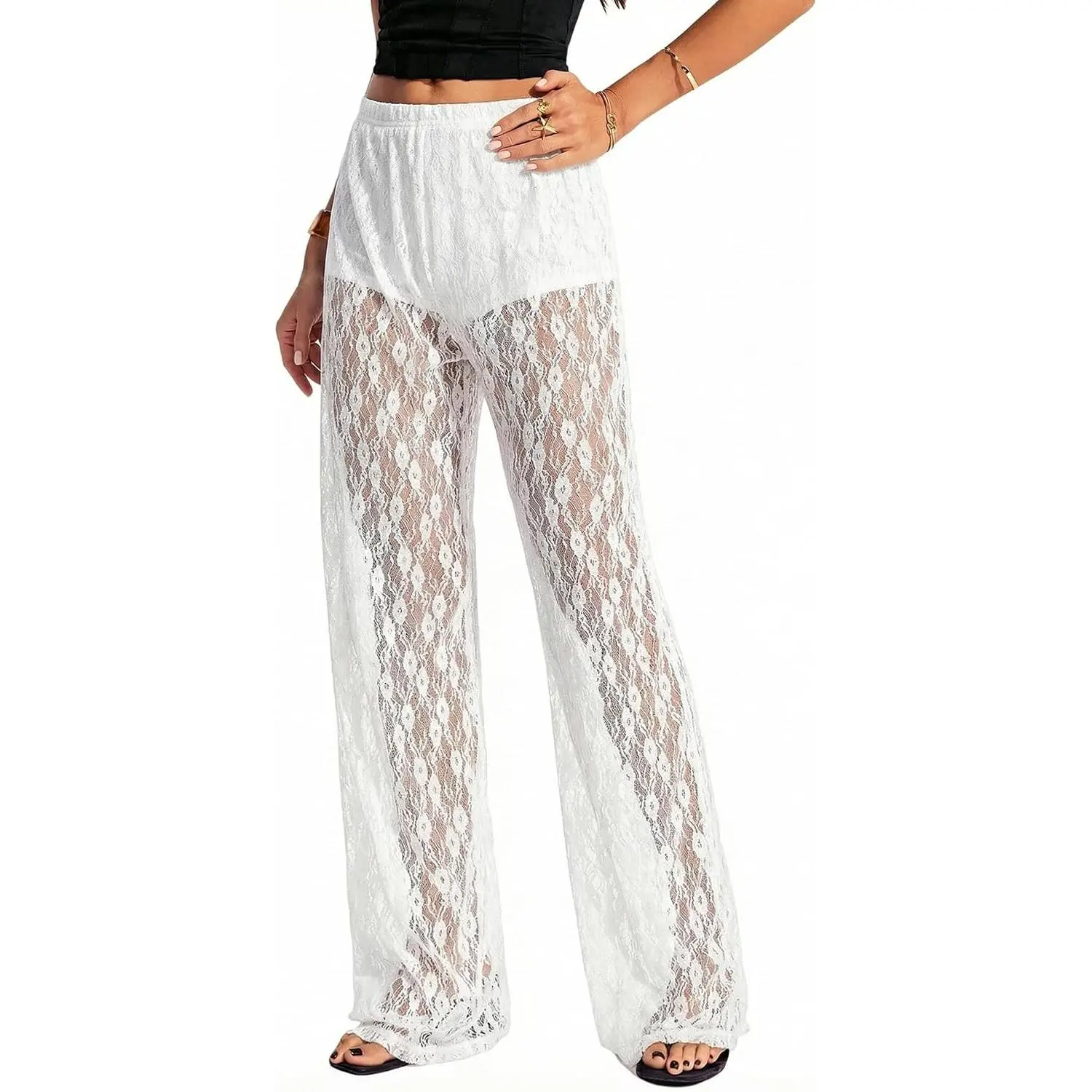 Women's Lace Pants Y2K Floral Sheer Straight Leg Long Pant | Lace Pants with Shorts Underneath, See Through Pants, Lace Bottoms, Wide Leg, Going Out Bottoms