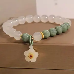 Natural White Agate Jadeite Bracelet for Women, Summer Forest Style Flower Pendant, Unique Design Bracelet