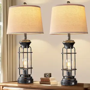 28" Table Lamp for Living Room with USB  Ports, Tall Table Lamp Set of 2,3-Way Dimmable Lamps for Bedroom, Bedside Lamp for End Tables, Industrial Nighstand Lamps,Bulbs Included