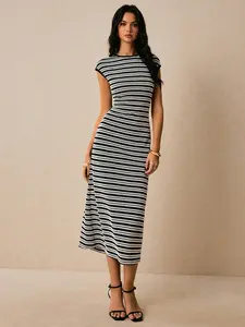 MadeMeBuyIt Striped Knit Bodycon Midi Dress - Form-Fitting Cap Sleeve Textured Knit Dress, Women’s Casual to Cocktail Party Wear, All-Season Wardrobe Staple