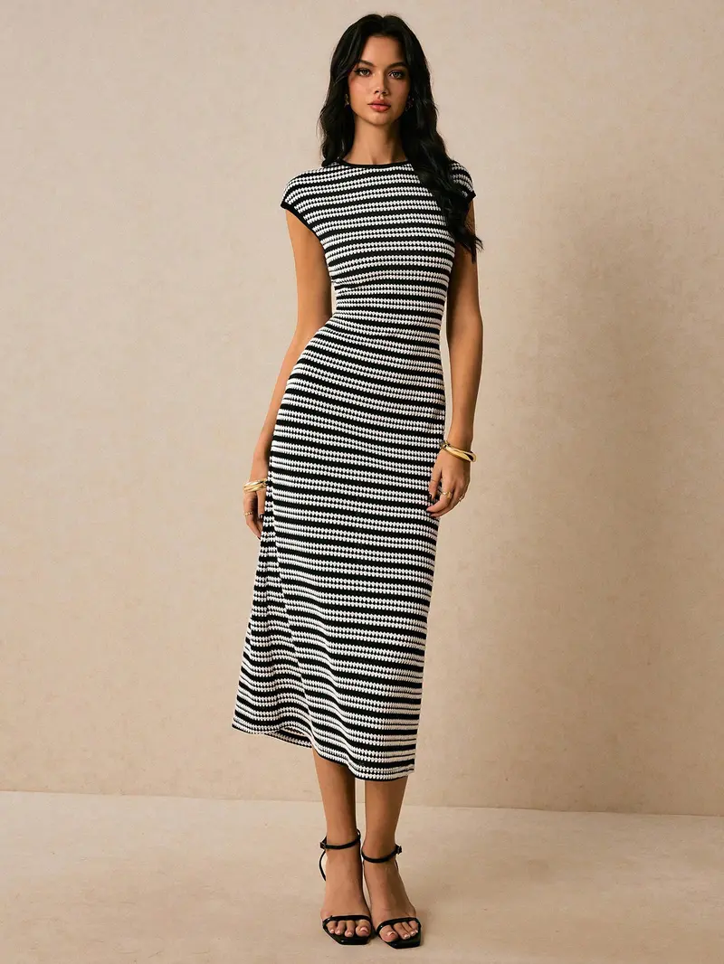 slim fit dress slacks White Striped Strapless Flowy Midi Dress main image 0