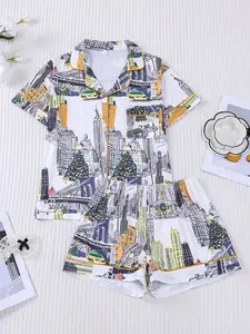 2pcs New York City Skyline Print Pajama Set - Retro Urban Fitted Short-Sleeve Pjs (Button Collar + Trim Detail) - Cozy Adult Loungewear/Sleepwear for City Lovers