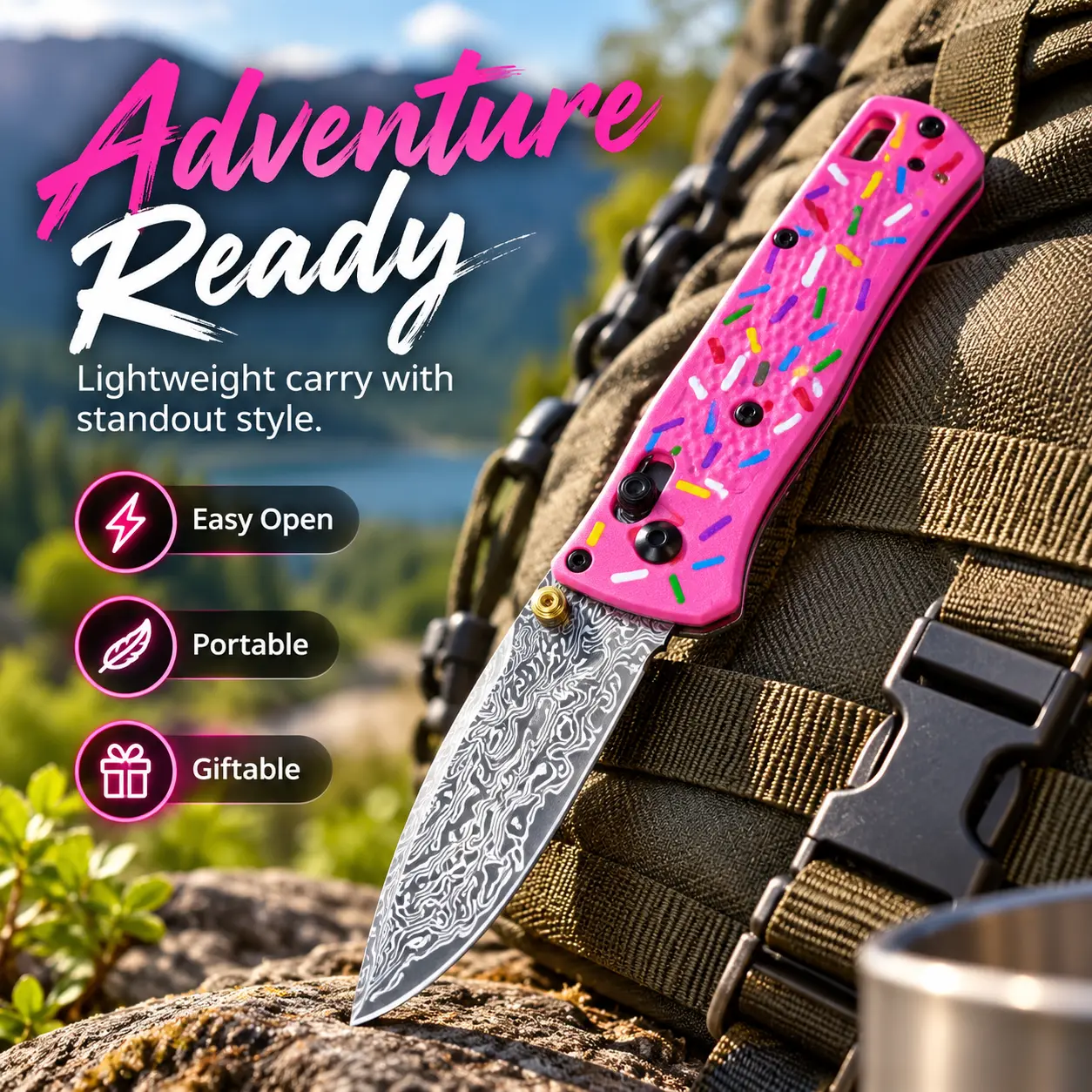 Damascus Pattern Folding Pocket Knife, Pink Colorful Donut Handle, One-Hand Opening EDC Utility Knife for Camping, Hiking, Outdoor Use, Everyday Carry & Gift