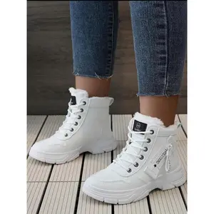 Women's Winter Ankle Boots, Thick Sole Warm High-Top Shoes, Casual Round Toe Artificial Leather, Rubber Sole, Fall & Winter Footwear, White Boots