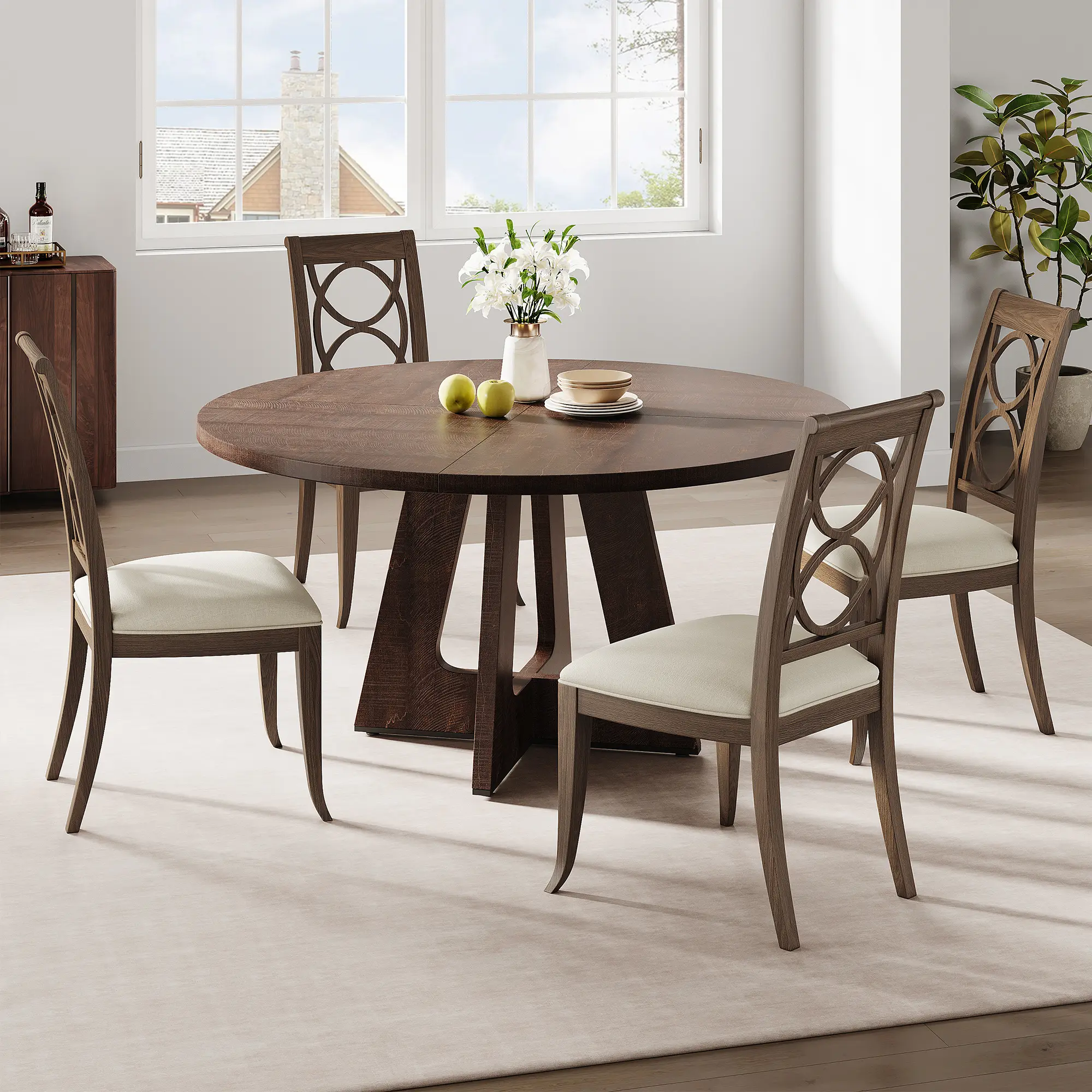 47-Inch Round Dining Table for 4 – Farmhouse Wooden Pedestal Table – Modern Rustic Furniture – For Home, Kitchen, or Living Room – No Chairs Included