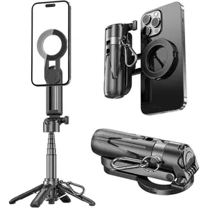 4 in 1 Magnetic Tripod Pocket Selfie Stick Extendable Cell Phone Stand Portable Camera Grip Handle with Wireless Detachable Remote Control for Photograph/Live Streaming/Video/Travel (Black)