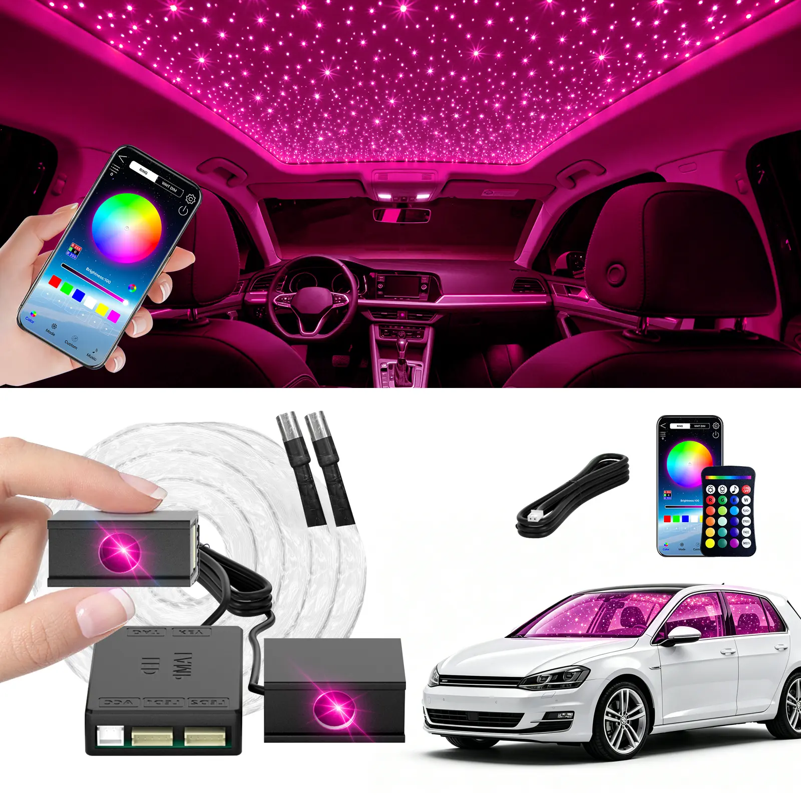 Split Type Starlight Headliner Kit, 16W DC12V RGBW Fiber Optic Star Ceiling Lights, 150/300/600/900/1200pcs 0.75mm 2m Optical Fiber, 24 Key RF Remote, Music Mode, Pre-Terminated Fibers for Medium & Small Car Roof Decor
