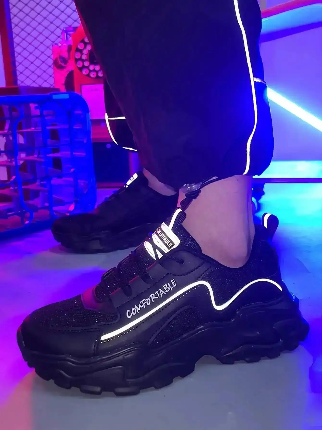 Men's Black Reflective Safety Sneakers Night Run Visibility with Elastic Fit for Urban Street Style Year-Round Shoes Men activewear responsive essential walking training seasonal fitness Stylish Loafers Multi Purpose