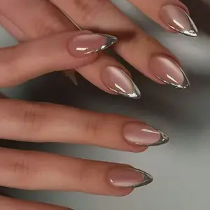24 Pcs Y2K Style Mirror Silver Edge Nude Cat Eye Glossy Fake Nails, Easy Apply Reusable Almond Shape, Perfect for Beginners Women Parties