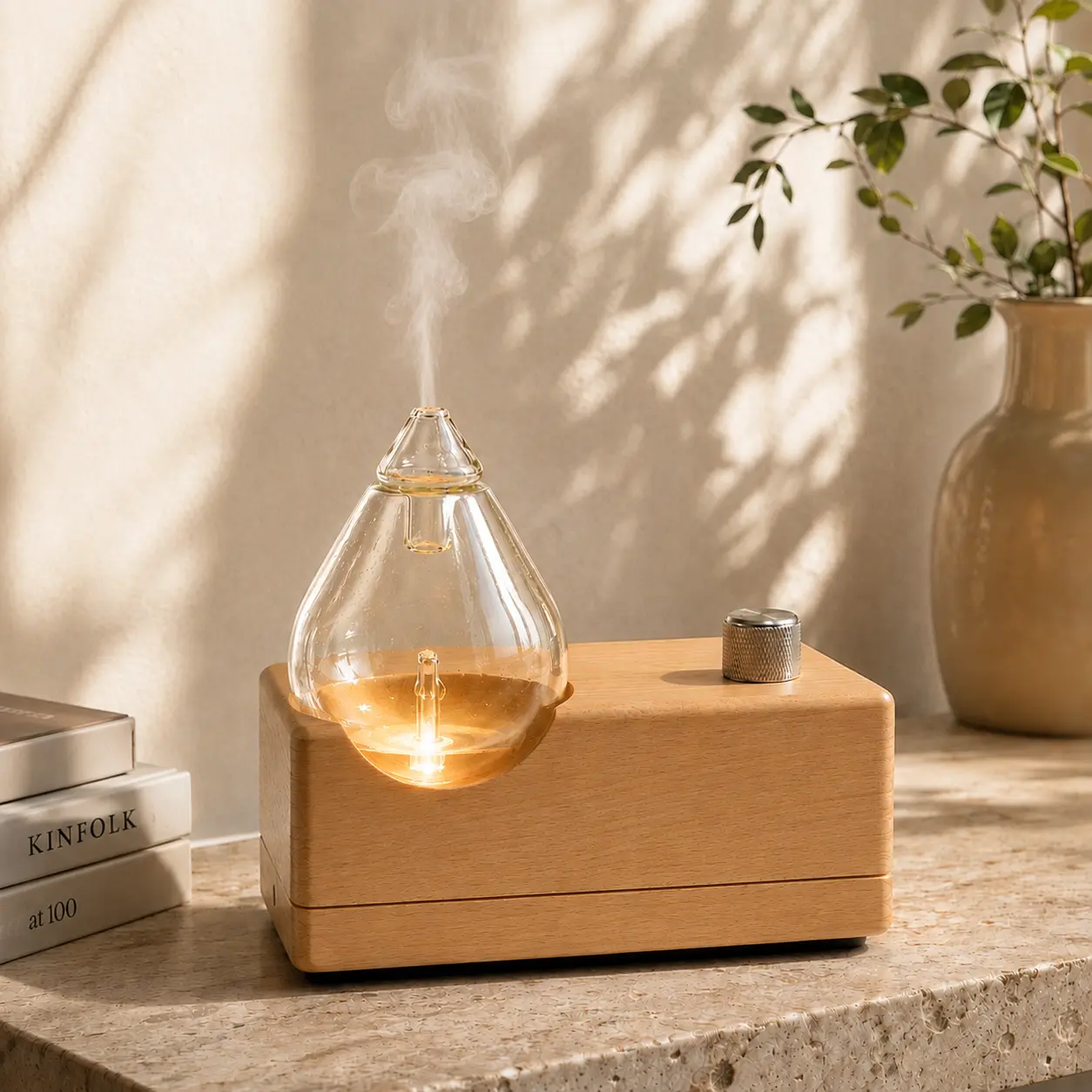 Pure Essential Oil Nebulizing Diffuser - Cordless Waterless Aroma Diffuser with Natural Beech Wood & Glass Build, Timer Modes, Organic Look for Home Users’ Relaxing Moments