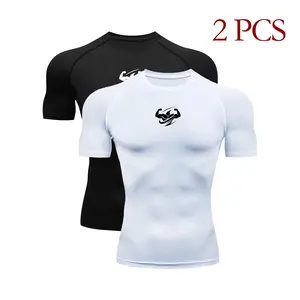 2-pack men’s compression T-shirts featuring a gym logo, raglan sleeves, quick-dry, moisture-wicking, breathable fabric, and a stretchy fit—ideal for fitness, workouts, running, and training.