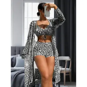 Three-piece Set Women's Geometric Print Drawstring Swimsuit Set, Casual Long Sleeve Open Front Cover Up & Ruched Swim Bra & High Waist Swim Shorts Set, Ladies Bikini Sets, Curve Swimwear UK