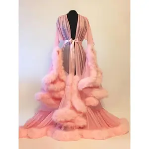 Light Blue Transparent Plush Kimono Robe - Long Ruffled Hem Babydoll Pajamas, Sexy & Comfy Sleepwear for Women Lace Womenswear Gowns  Loungewear Can be used with a raincoat