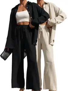 【Plus Size】 Solid Button Front Shirt & Drawstring Waist Pants Set, Women's Outfits for Spring & Fall, Clothes