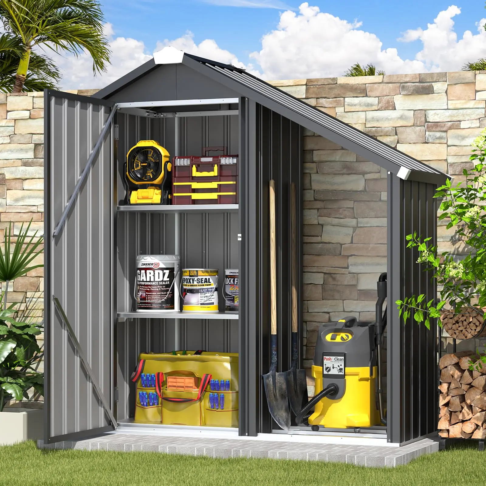 AECOJOY Outdoor Storage Cabinet Waterproof with Shelves and Lean-to Open-Sided Firewood Racks, Vertical Tall Garden Storage Sheds, Weatherproof Patio Modern Furniture Organizer Home